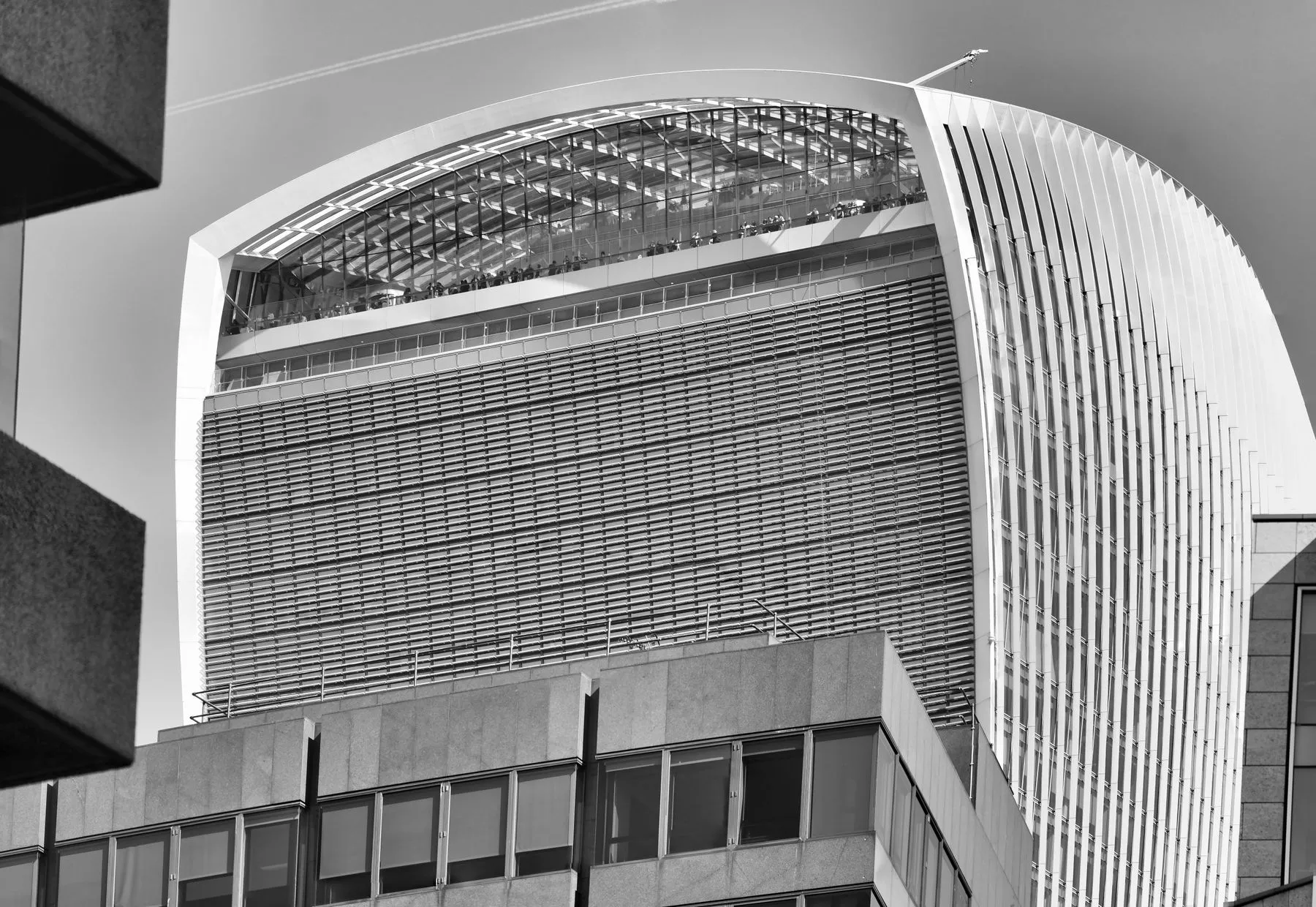 The curved glass tower of 20 Fenchurch Street in the City of London, in black and white